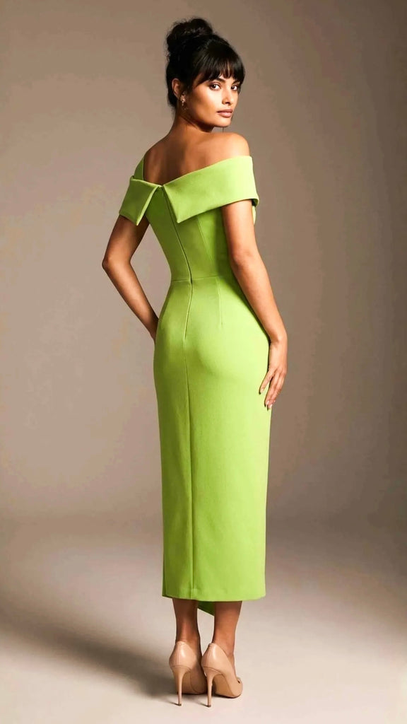 A3076 Olina Lime Green Bardot Dress