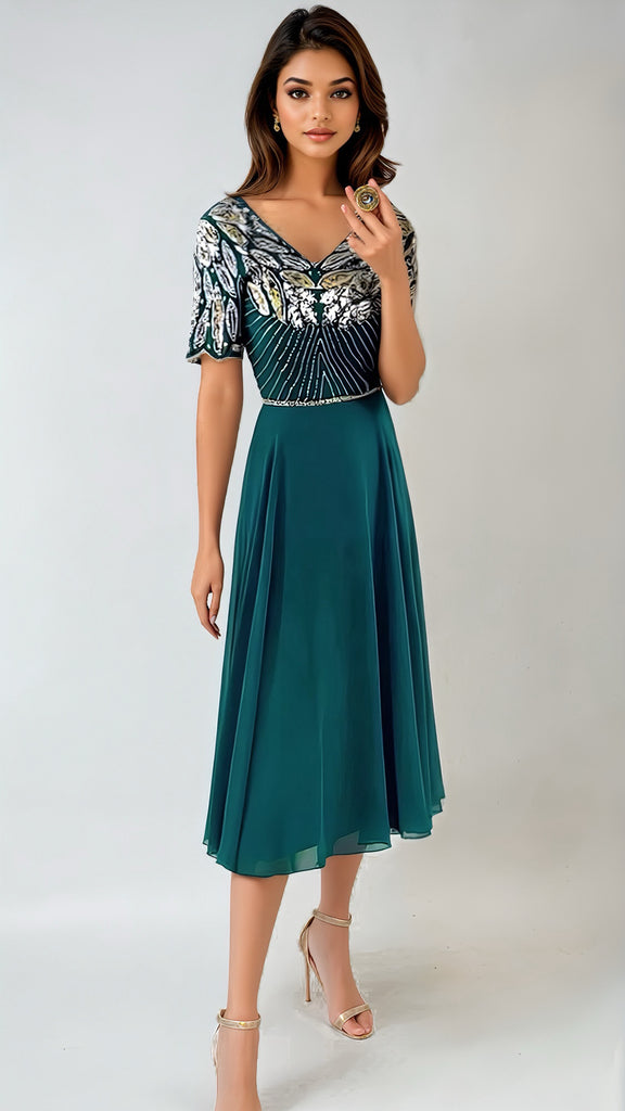 A2543 Nessi Green/Gold Embellished Dress