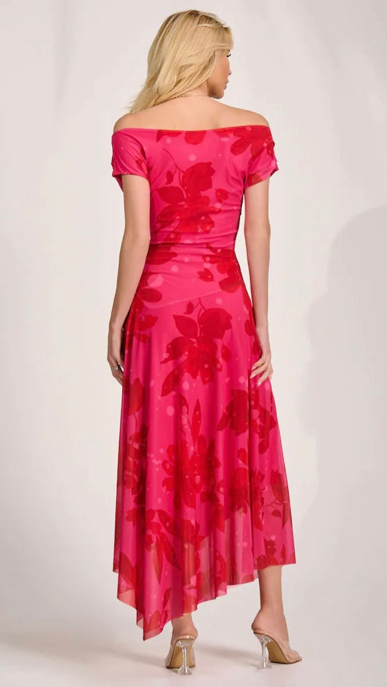 A3113 Red Print Asymmetrical Dress