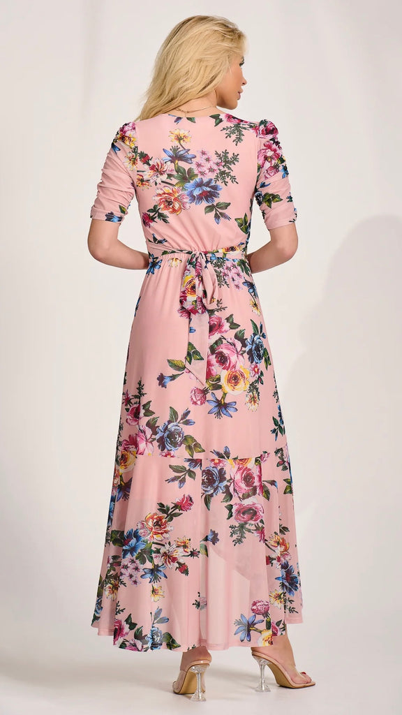 A3126 Pink Floral Ruched Sleeve Dress