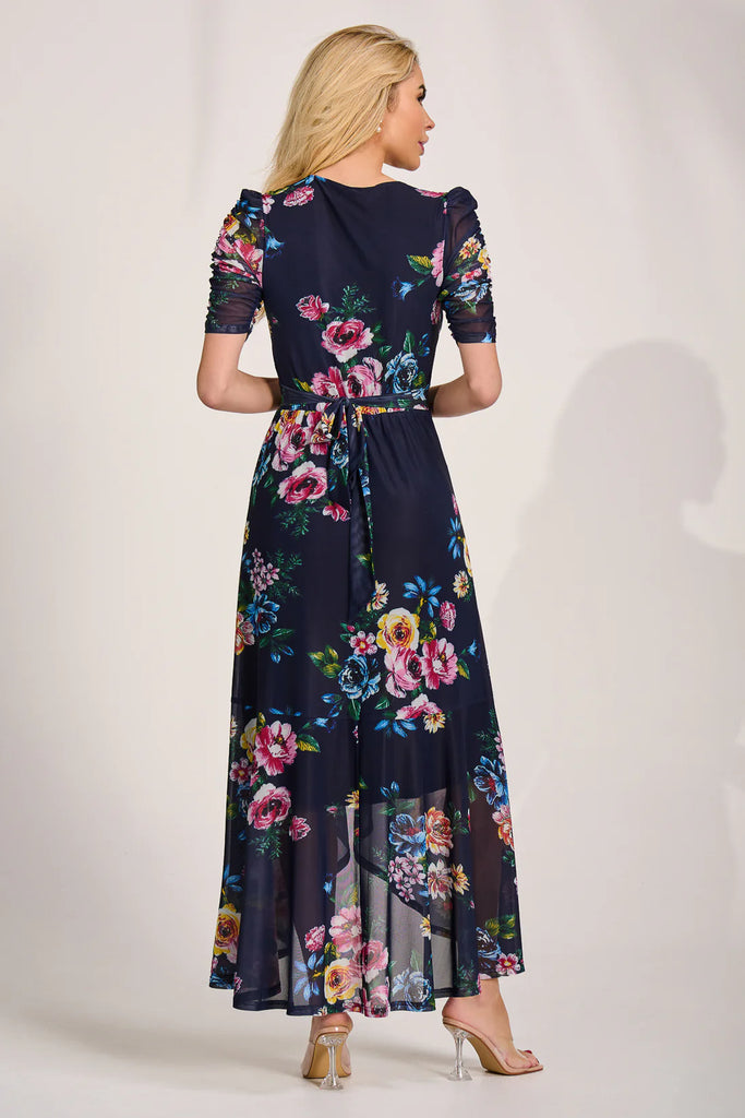 A3127 Navy Floral Ruched Sleeve Dress