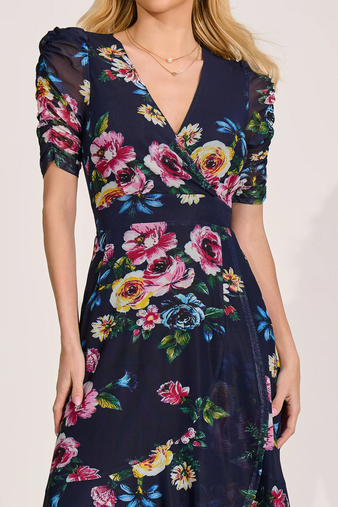 A3127 Navy Floral Ruched Sleeve Dress