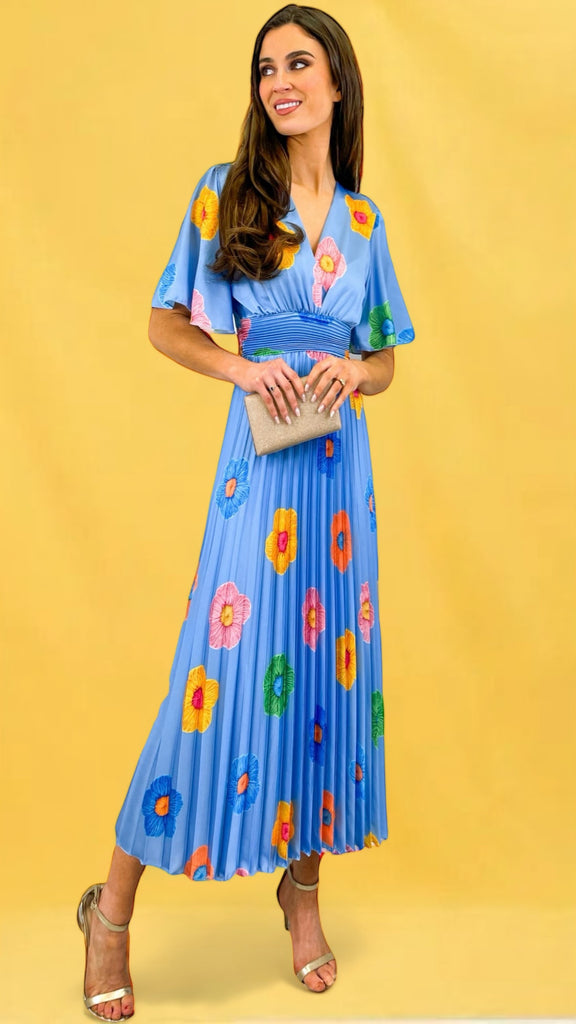 1-A1515 Cheryl Satin Blue Floral Dress