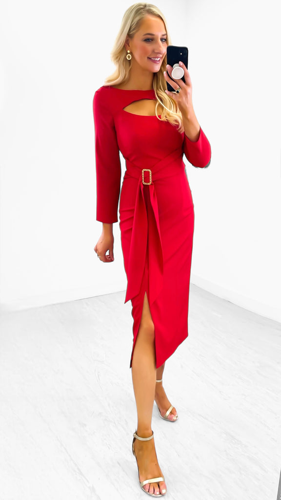 4-A1857 Leary Red Keyhole Neckline Dress