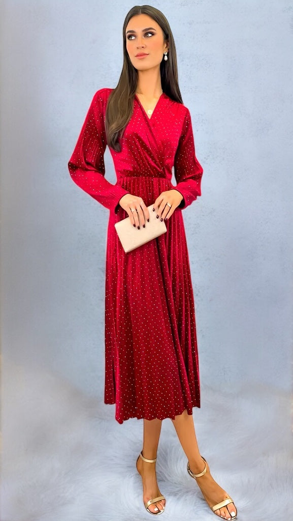 A2670 Ruby Sparkle Velvet Pleat Dress