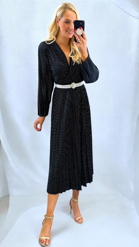 A2669 Black Sparkle Velvet Pleat Dress