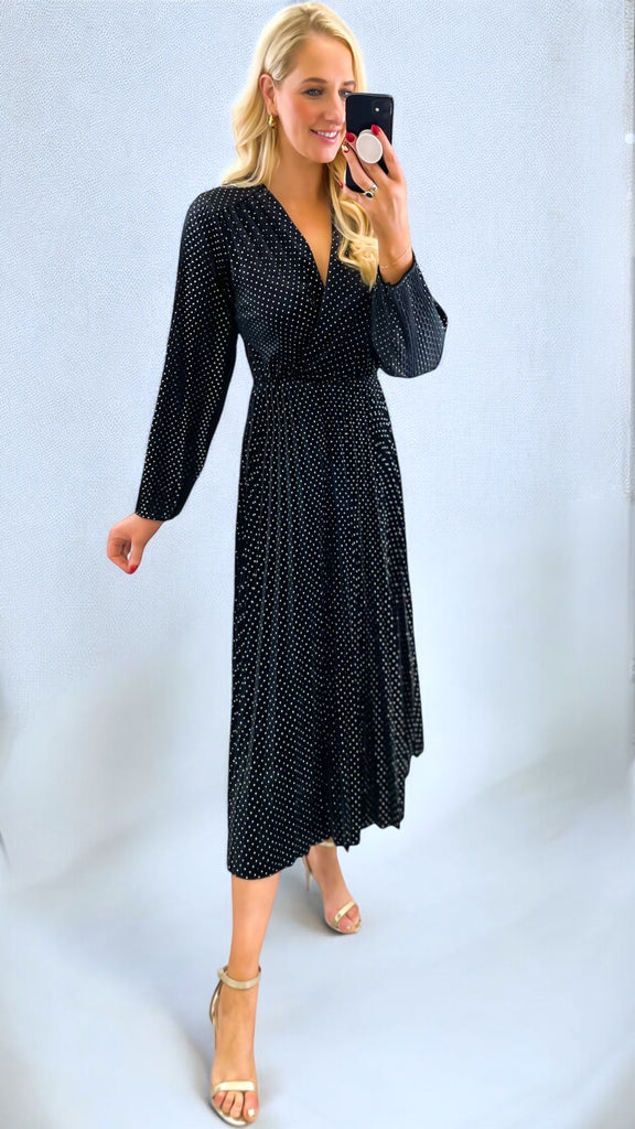 A2669 Black Sparkle Velvet Pleat Dress