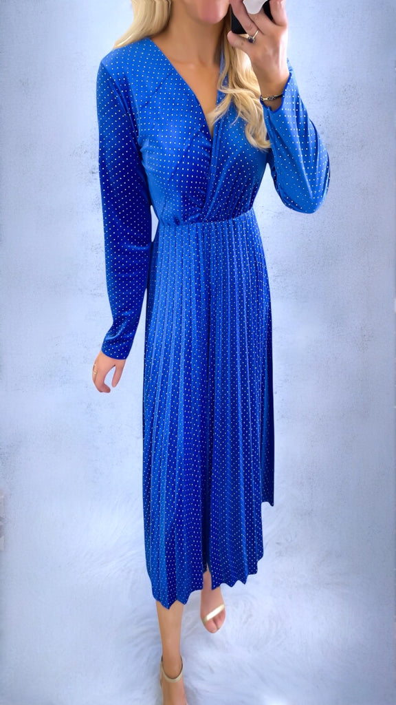 4-A2087BB Blue Dotty Velvet Pleat Dress