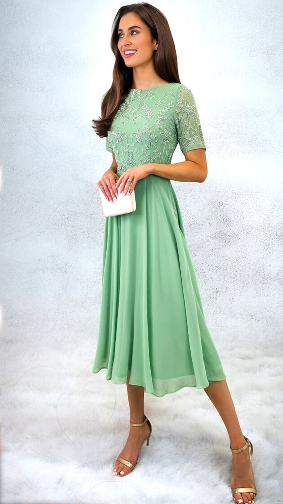 4-A2286 Sage Embellished Flare Dress