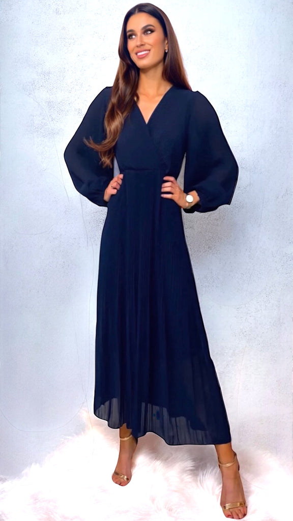 A3176 Navy Ciana Pleated Midi Dress