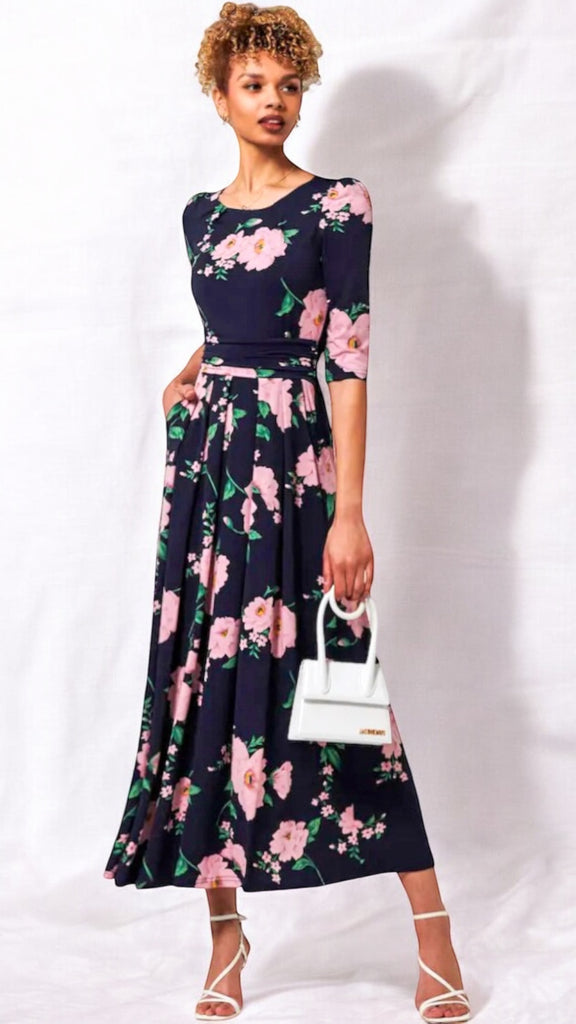 4-A2200 Navy Floral Goldie Midi Dress