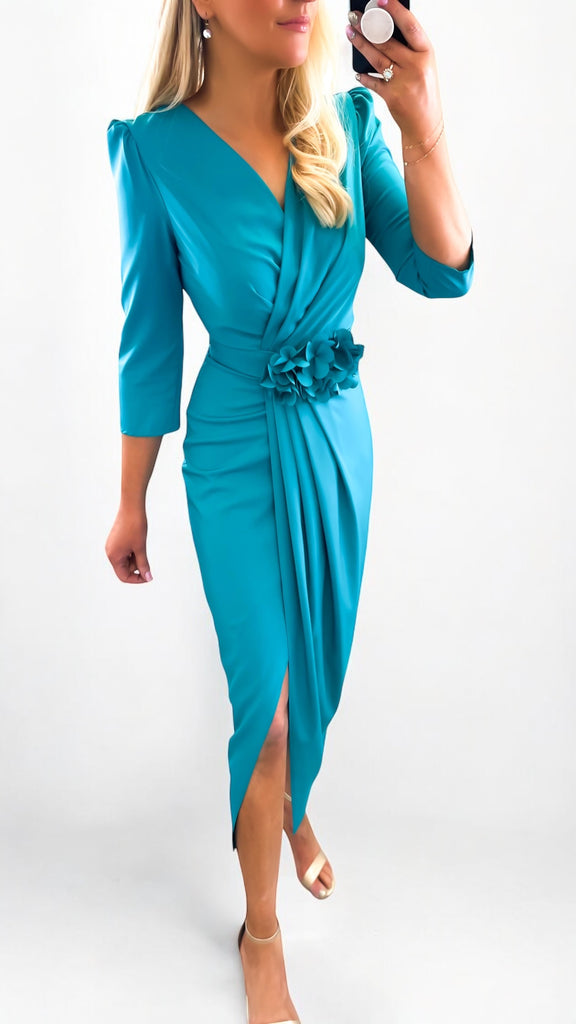 4-A2228 Lilias Turquoise Drape Dress