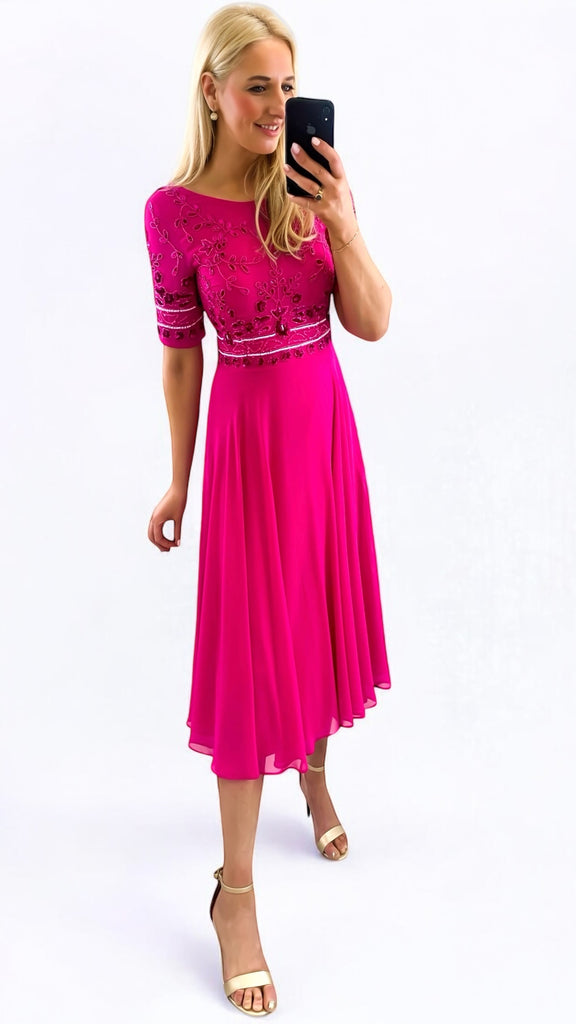4-A2233 Libra Pink Embellished Flare Dress
