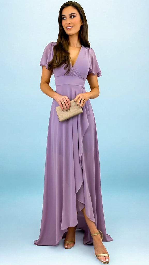 4-A2236 Lilac Frill Dip Hem Maxi Dress