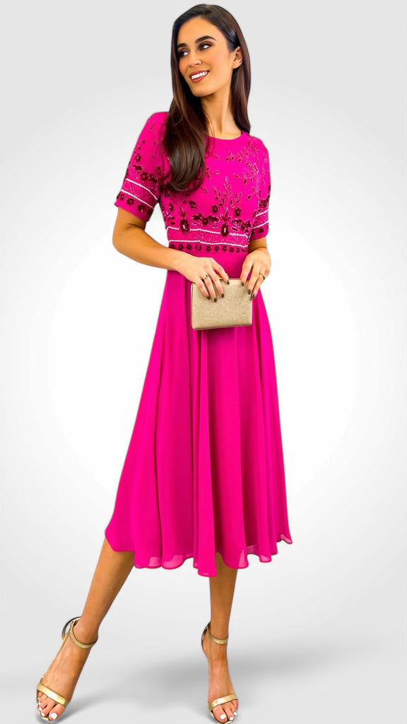 4-A2233 Libra Pink Embellished Flare Dress