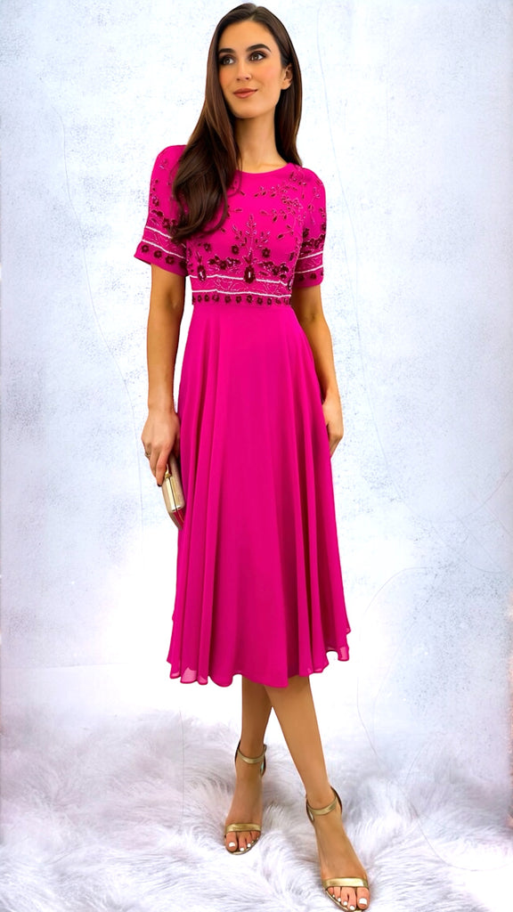 4-A2233 Libra Pink Embellished Flare Dress