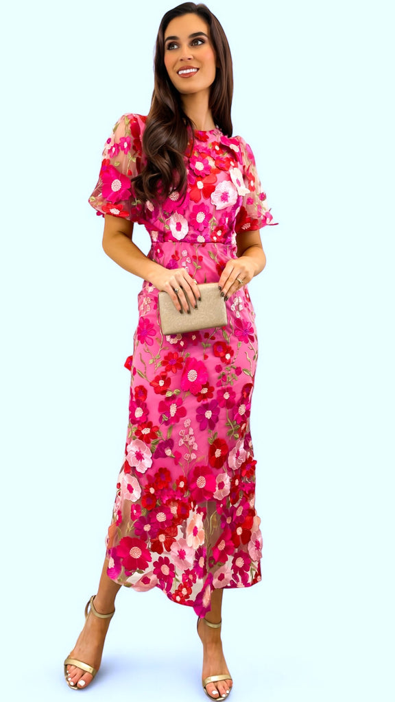 4-A2357 Debra Pink Multi 3D Floral Dress
