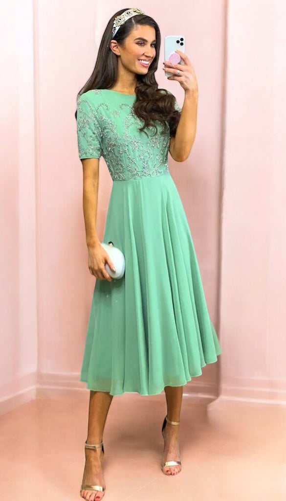 4-A2286 Sage Embellished Flare Dress