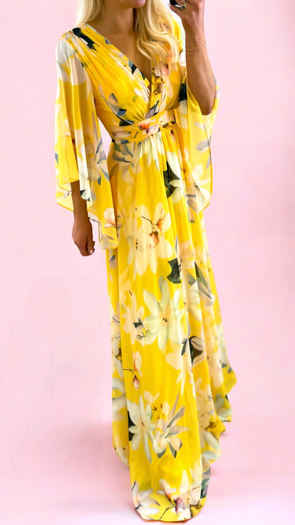 4-A2288 Mathea Yellow Print Maxi Dress