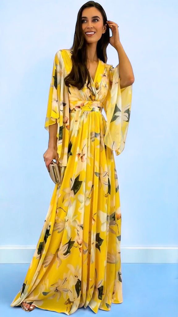 4-A2288 Mathea Yellow Print Maxi Dress