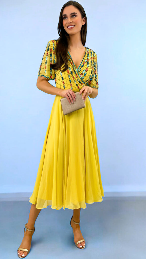 4-A2305 Glyn Yellow Embellished Flare Dress