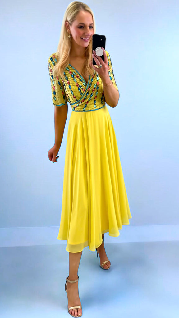 4-A2305 Glyn Yellow Embellished Flare Dress
