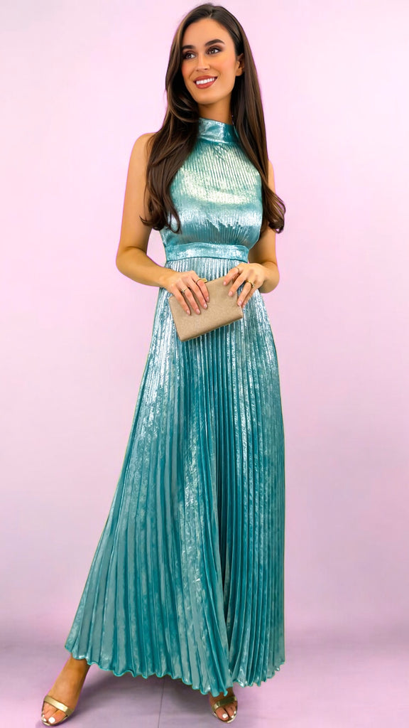 4-A2326 Duckegg Laminate Pleat Dress