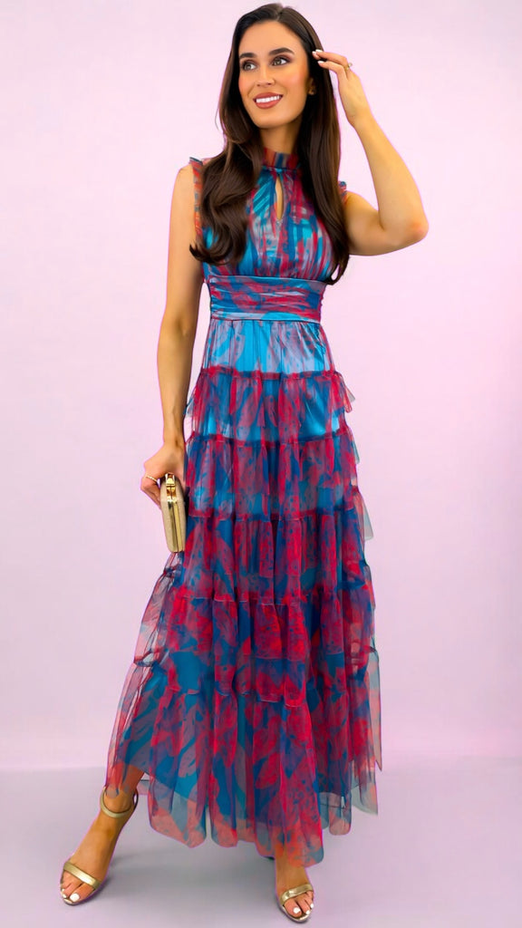 4-A2340 Teal&Red Print Malva Flounce Dress