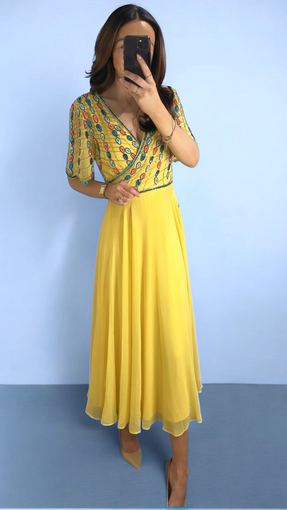 4-A2305 Glyn Yellow Embellished Flare Dress