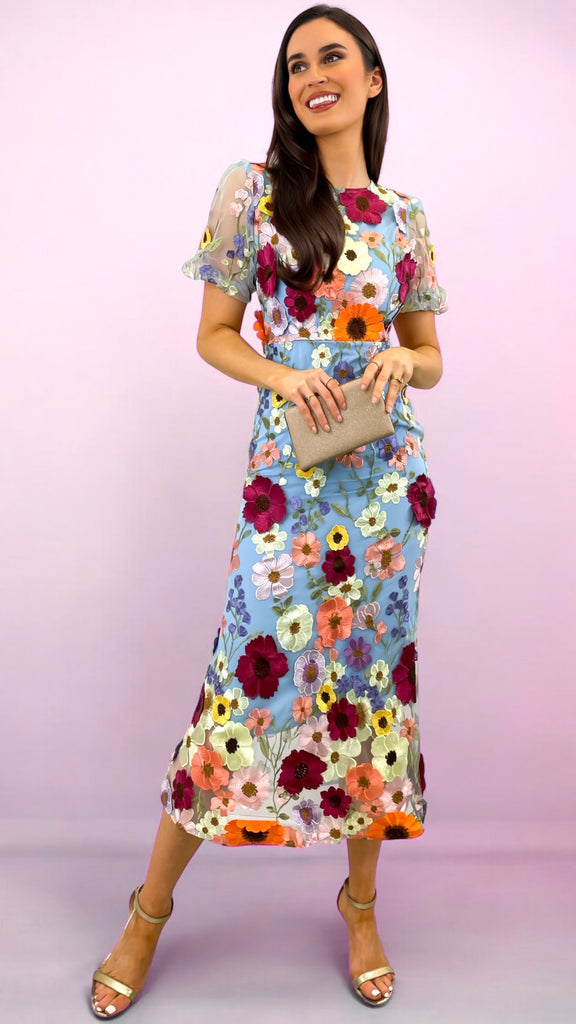 4-A2346 Debra Blue Multi 3D Floral Dress