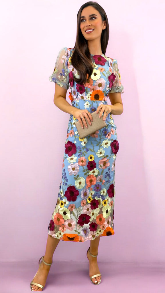 4-A2346 Debra Blue Multi 3D Floral Dress