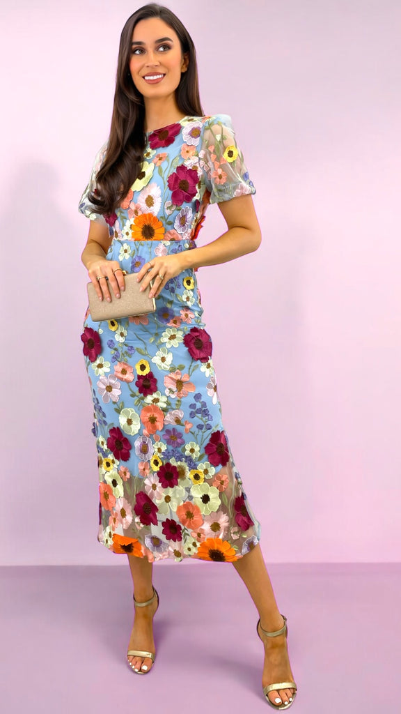 4-A2346 Debra Blue Multi 3D Floral Dress