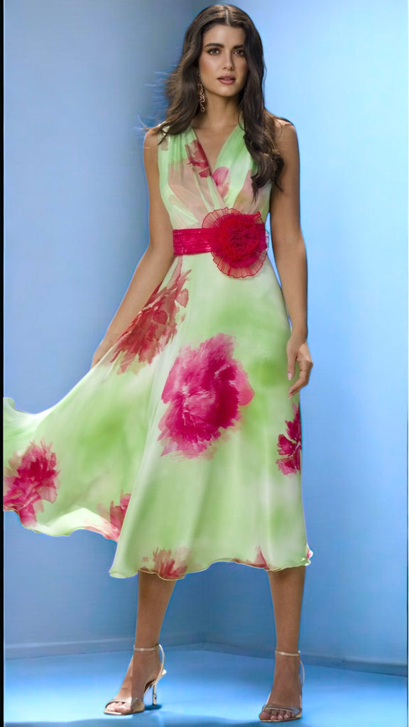 4-A2350 Arger Lime Floral Flare Dress