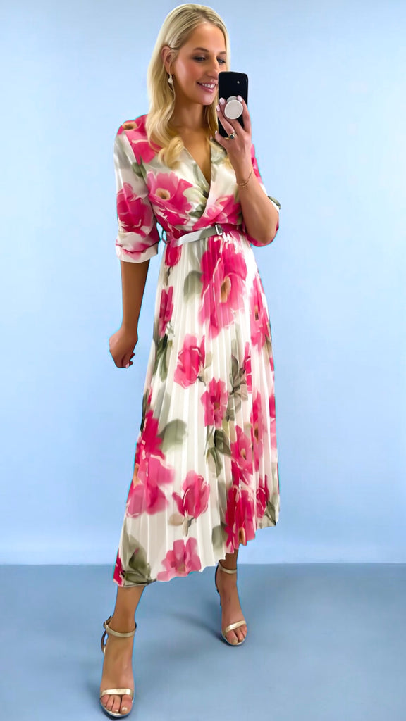 A2363 Pink Floral Inia Pleat Dress