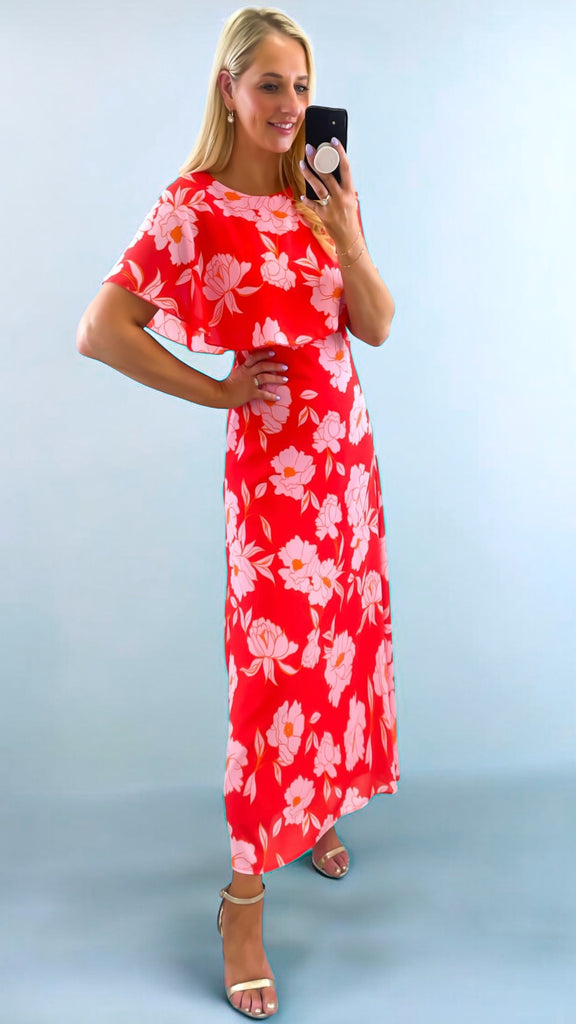 4-A2417 April Red Floral Cape Dress