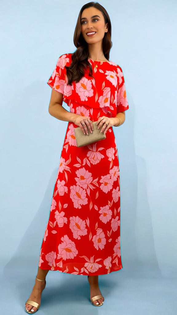 4-A2417 April Red Floral Cape Dress