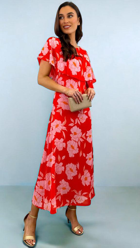 4-A2417 April Red Floral Cape Dress