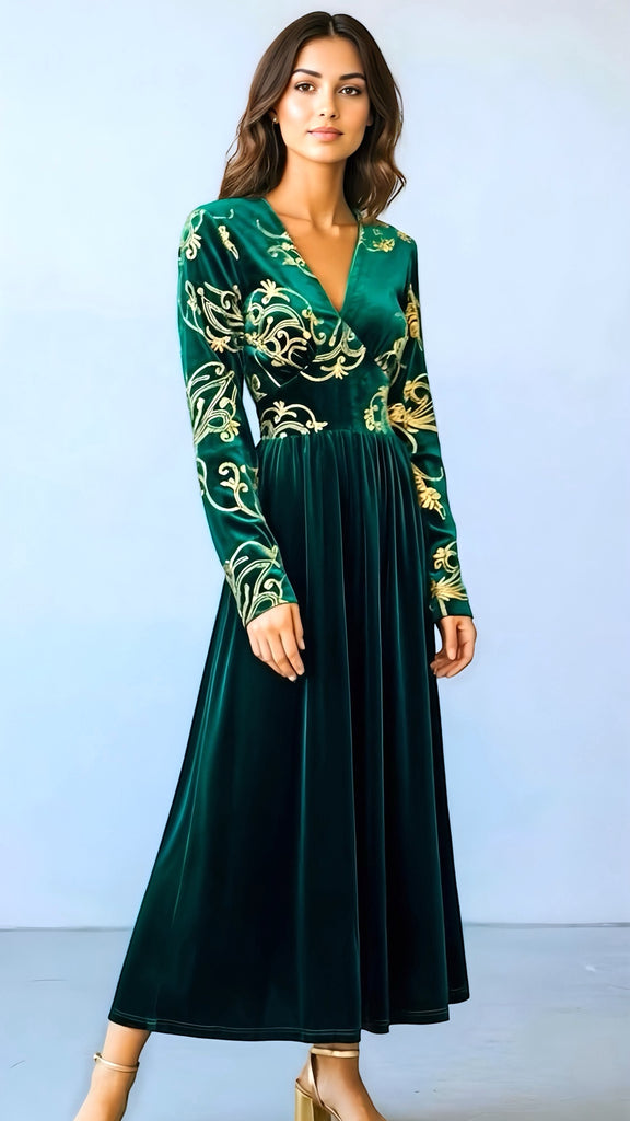 A2761 Alissa Green Velvet Embroidered Dress