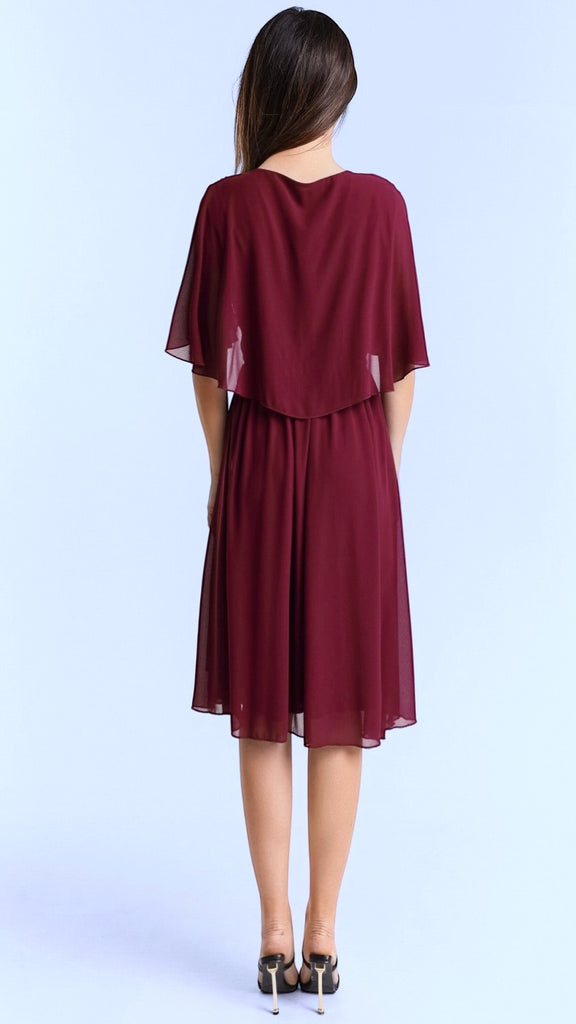 A2790 Burgundy Cape Applique Dress