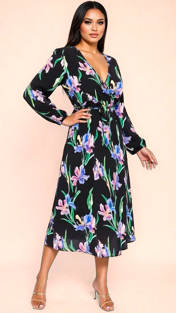 A2815 Meriah Black Print Midi Dress