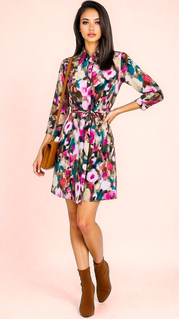 A2816 Roses Print Shirt Dress Mini