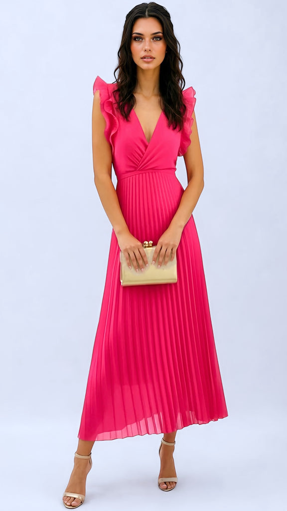 A2838 Raspberry Ruffle Pleat Dress