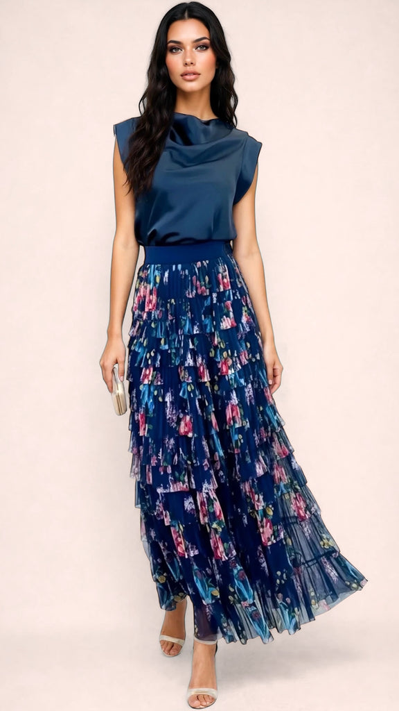 A2840 Navy Multi Tulle Ruffle Maxi Skirt