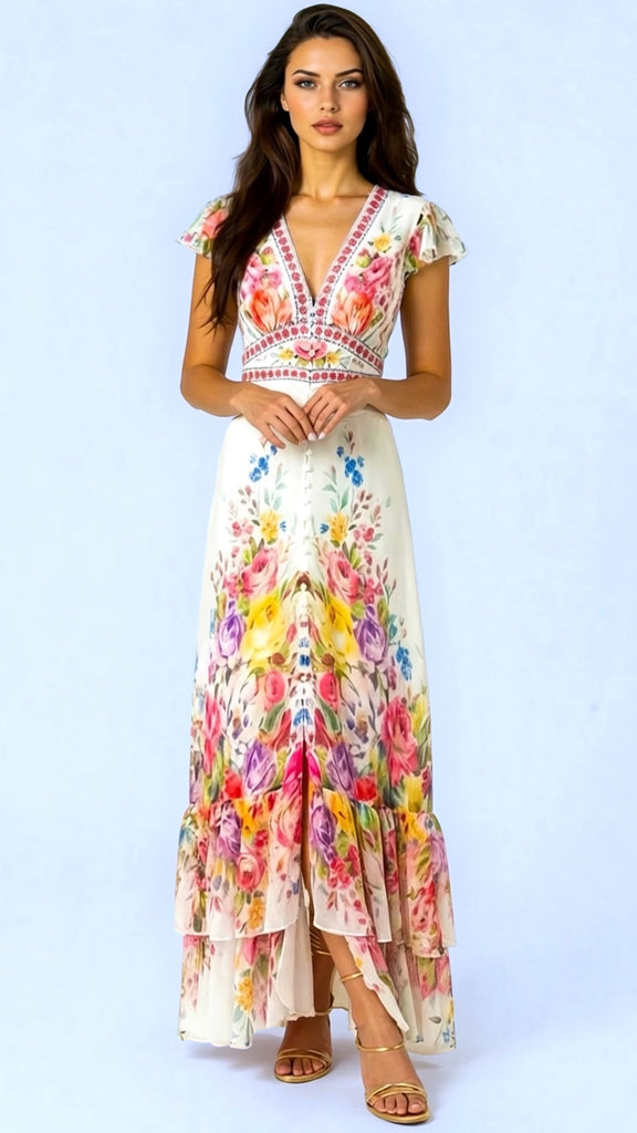 A2993 Pamela White Floral Flounce Dress