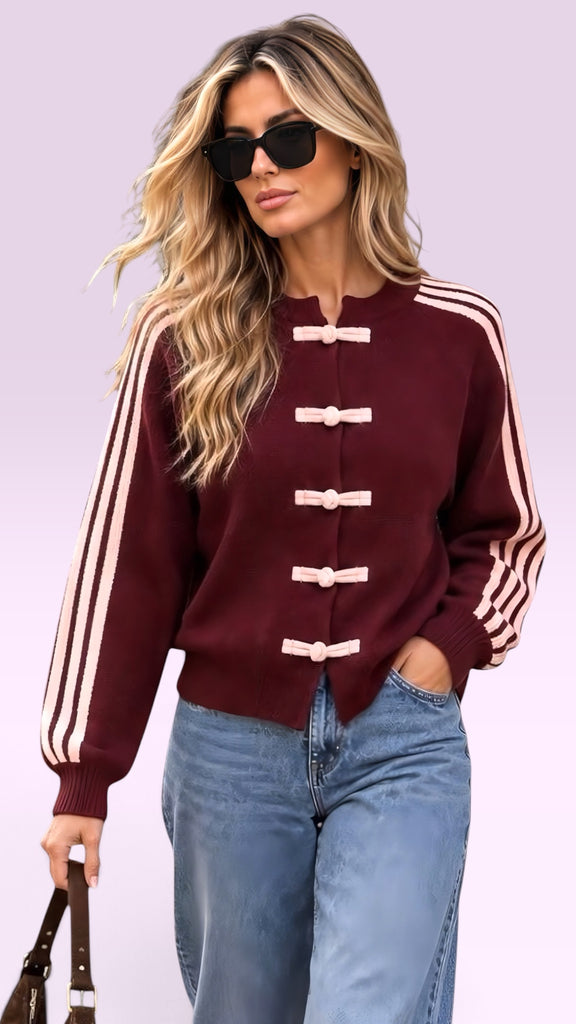 A3285 Burgundy Contrast Knit Cardi