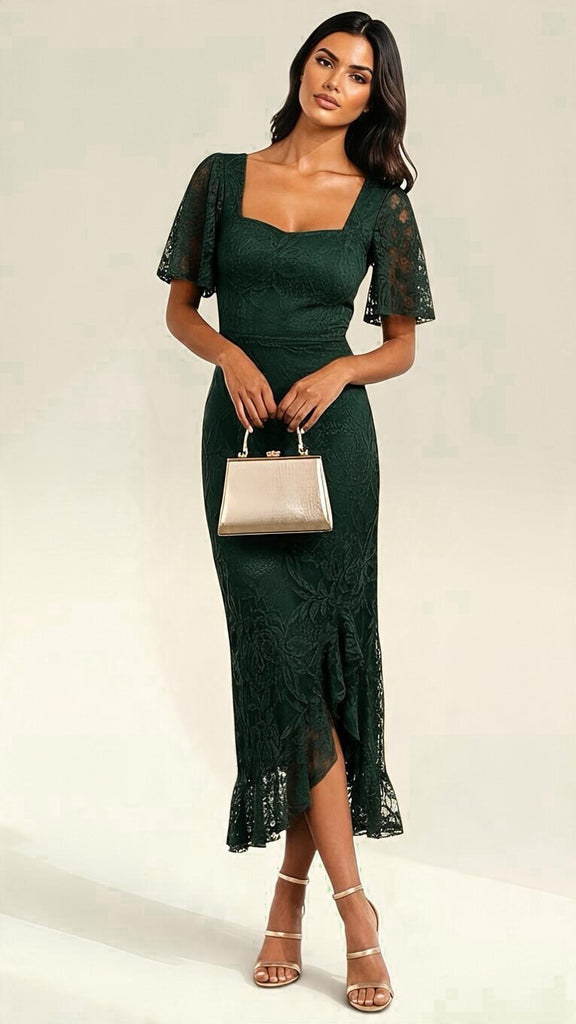 A3287 Heidi Dark Green Lace Rouched Dress