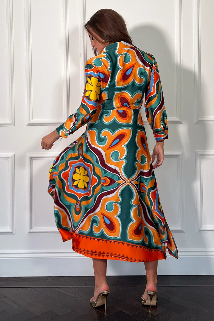 5-A1503 Isabella Orange Print Shirt Dress