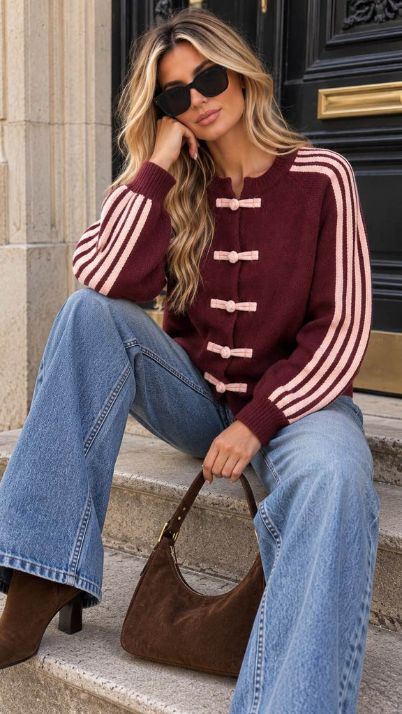 A3285 Burgundy Contrast Knit Cardi