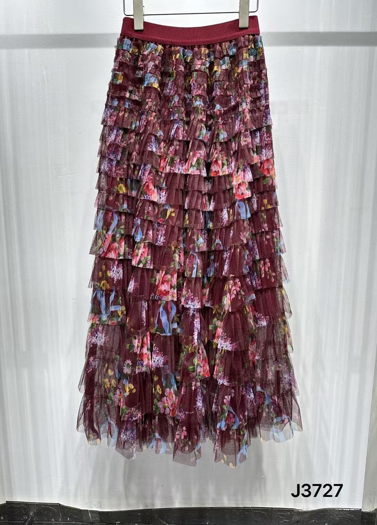 A2682 Burgundy Multi Tulle Ruffle Maxi Skirt