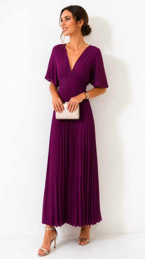 A3169 Magenta Floaty Sleeve Pleat Dress